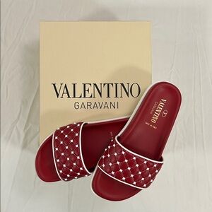 Valentino Garavani Rockstud Quilted Leather Slides red & white details. Size 36.